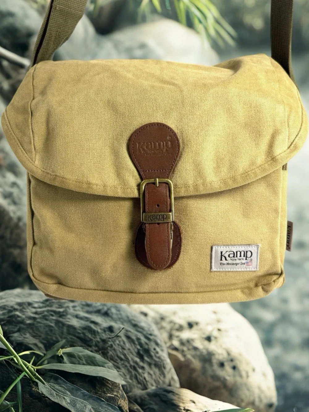 Kamp Canvas Messenger Bag in Khaki with Brown Leather Trim